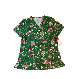 Tom & Jerry Santa Christmas Scrub Top Womens Size M Short Sleeve 3 Pockets Green